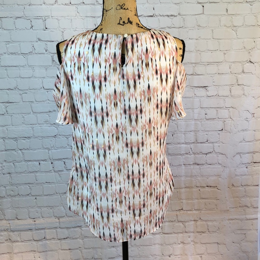 Roz & Ali Top Sheer Lined Cold Shoulder Blouse Brown Pink Angle Prints Small - Picture 3 of 7